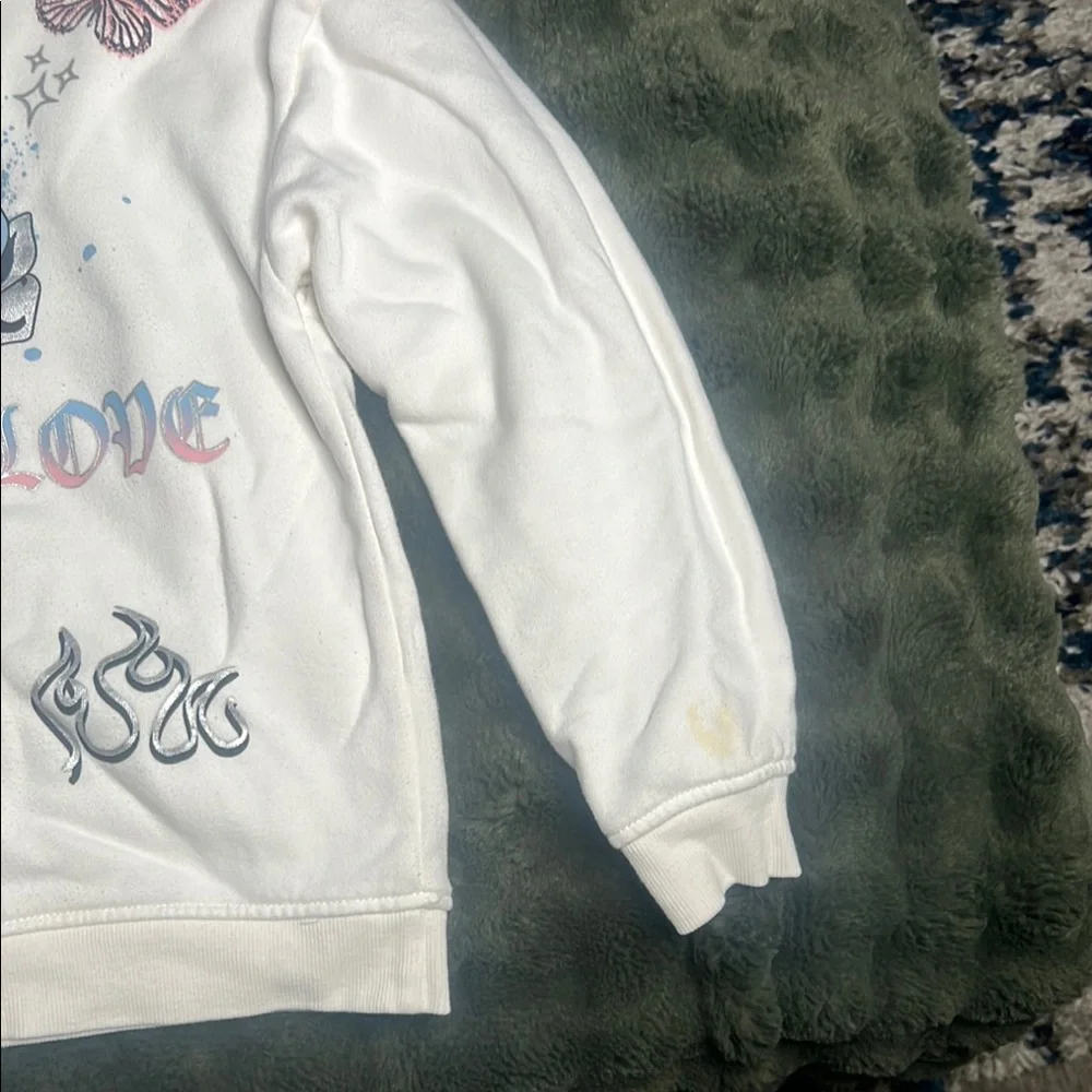 Primark White Hoodie with Blue and Pink Graphics